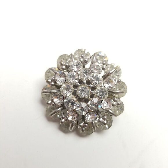 Vintage Silver Tone Rhienstone Cluster Round Flower Brooch, Sparkly Lapel Pin - Picture 5 of 6